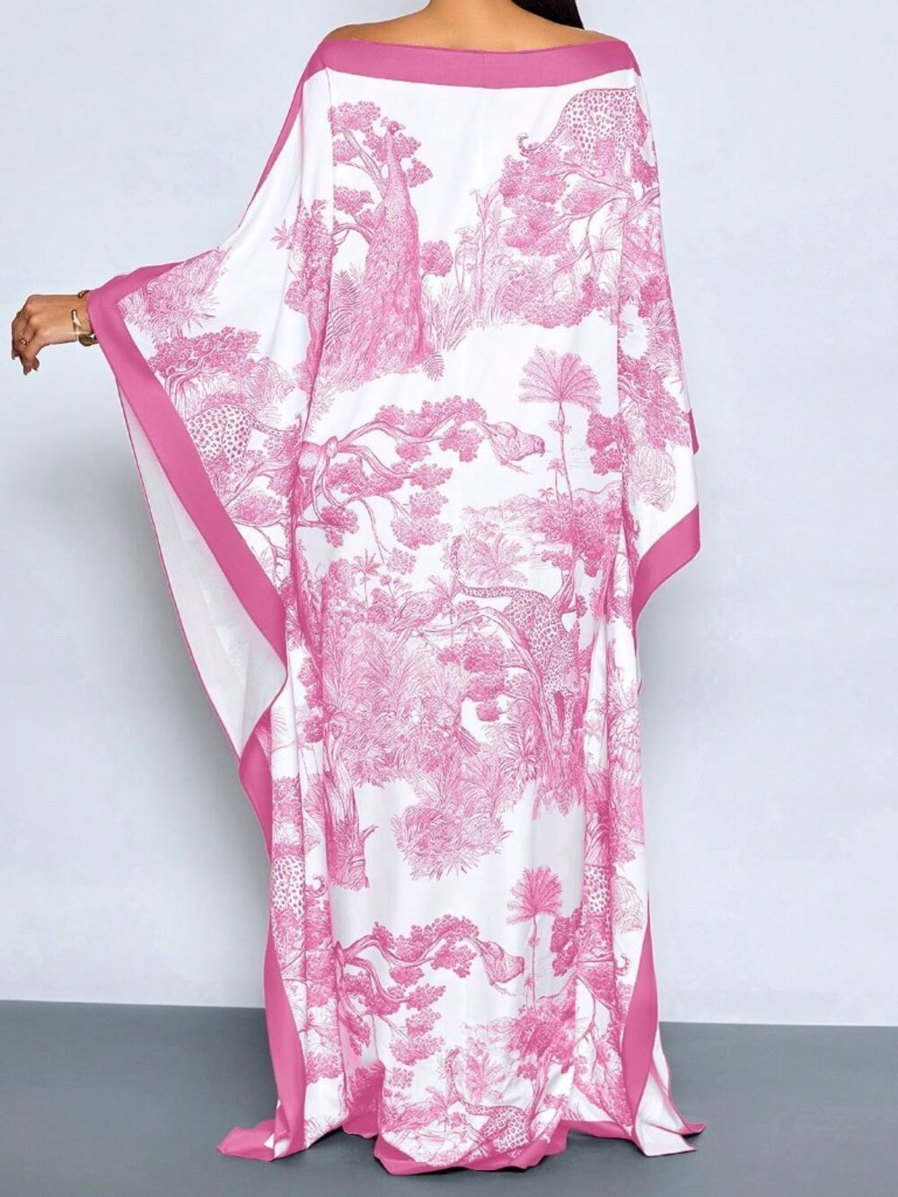 Pink Boho Women's Maxi Dress with Cape Shawl, Floral Print, Batwing Sleeves - Picture 2 of 6